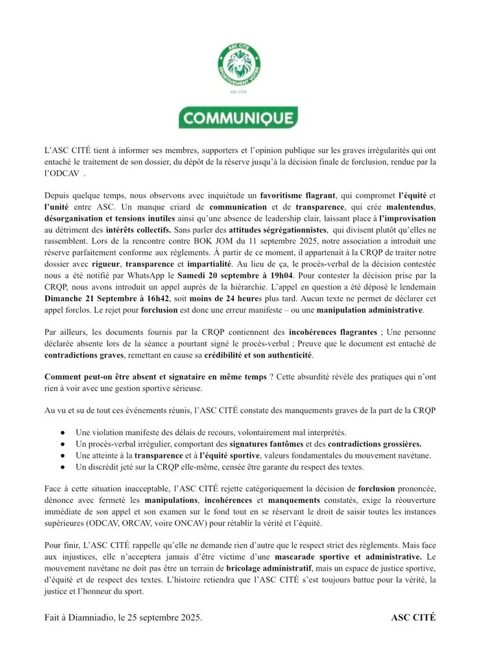 Forclusion de l’ASC CITÉ : l’équipe sanctionnée dénonce une « atteinte à la transparence et à l'équité sportive »