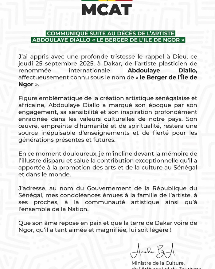 Décès de l’artiste Abdoulaye Diallo, « le Berger de l’île de Ngor » : Le ministre de la Culture présente les condoléances du gouvernement Décès de l’artiste Abdoulaye Diallo, « le Berger de l’île de Ngor » : Le ministre de la Culture présente les condoléances du gouvernement