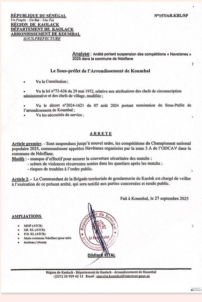 Ndoffane / Scènes de violence après les matchs de football : l'autorité préfectorale suspend les "navétanes"