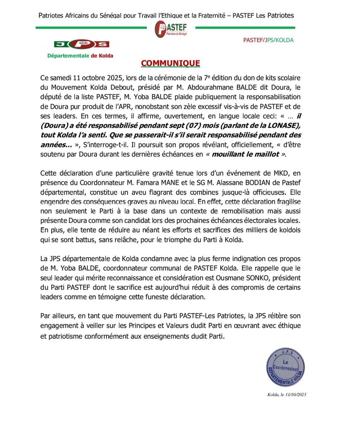 KOLDA : La section communale du Pastef/JPS charge le député Yoba Baldé pour avoir voulu plébisciter Abdourahmane Baldé (MKD) KOLDA : La section communale du Pastef/JPS charge le député Yoba Baldé pour avoir voulu plébisciter Abdourahmane Baldé (MKD)