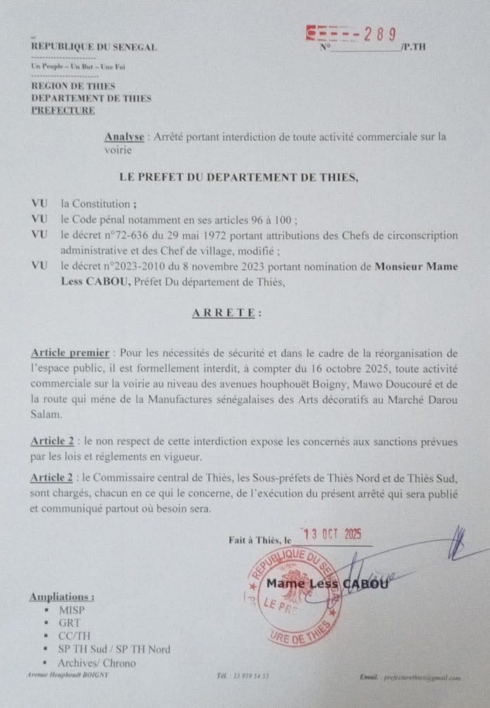 Thiès : Le Préfet interdit toute activité commerciale sur la voirie