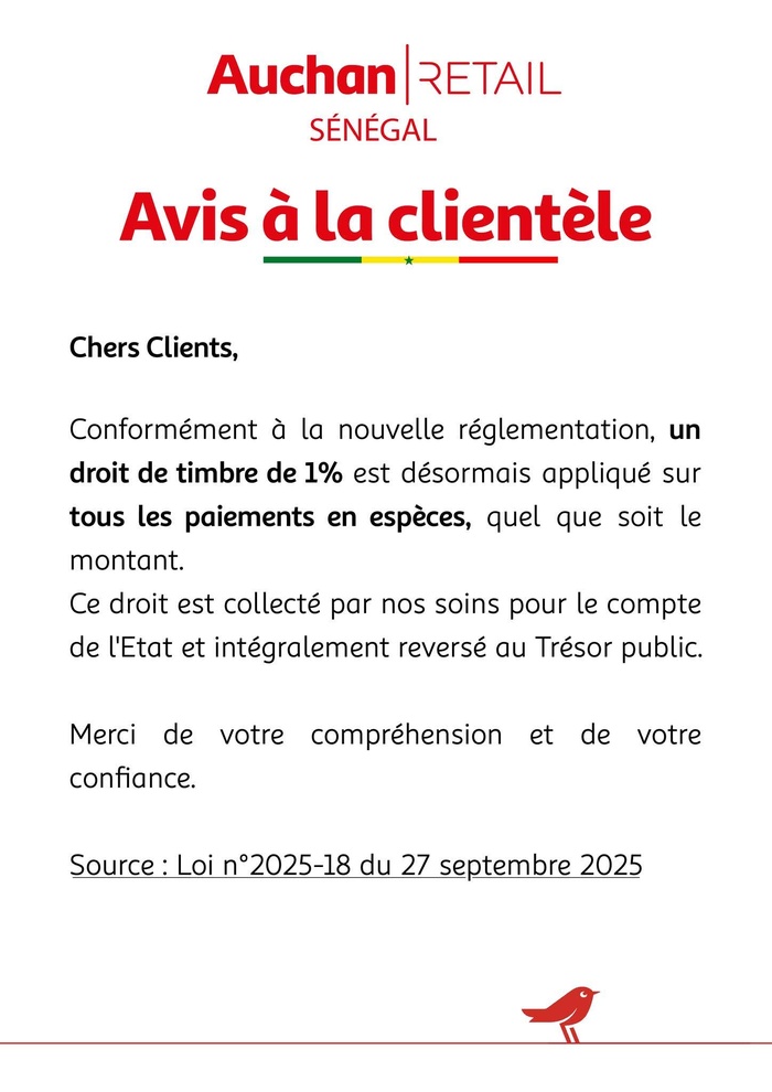 Paiements en espèces : Auchan informe ses clients de l’instauration d’un droit de timbre de 1 %... un impôt perçu pour le compte de l’État