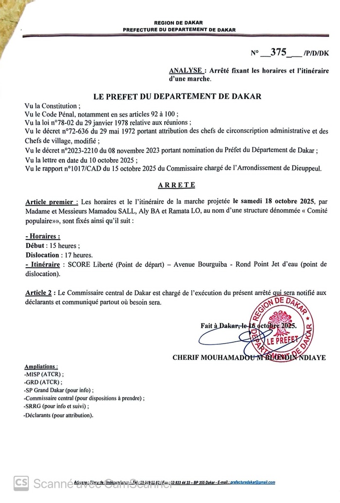 Marche du comité populaire : le préfet de Dakar fixe les horaires et l'itinéraire Marche du comité populaire : le préfet de Dakar fixe les horaires et l'itinéraire