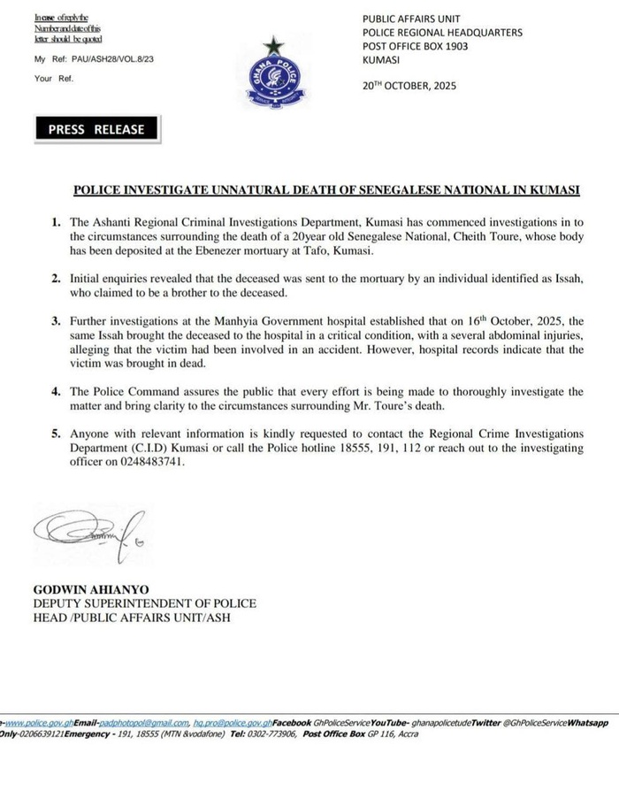 Mort de Cheikh Touré dans des circonstances troublantes à Kumasi : les autorités ghanéennes ouvrent une enquête Mort de Cheikh Touré dans des circonstances troublantes à Kumasi : les autorités ghanéennes ouvrent une enquête
