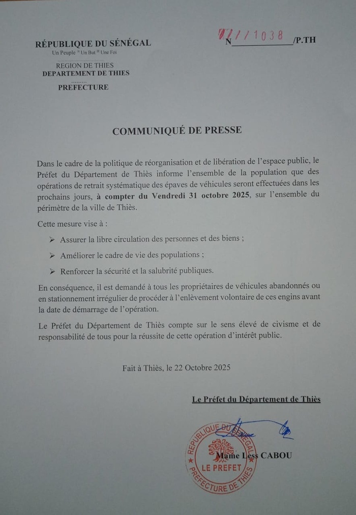 Thiès: Le préfet annonce les opérations de retrait des épaves de véhicules à compter du vendredi 31 octobre 2025 Thiès: Le préfet annonce les opérations de retrait des épaves de véhicules à compter du vendredi 31 octobre 2025