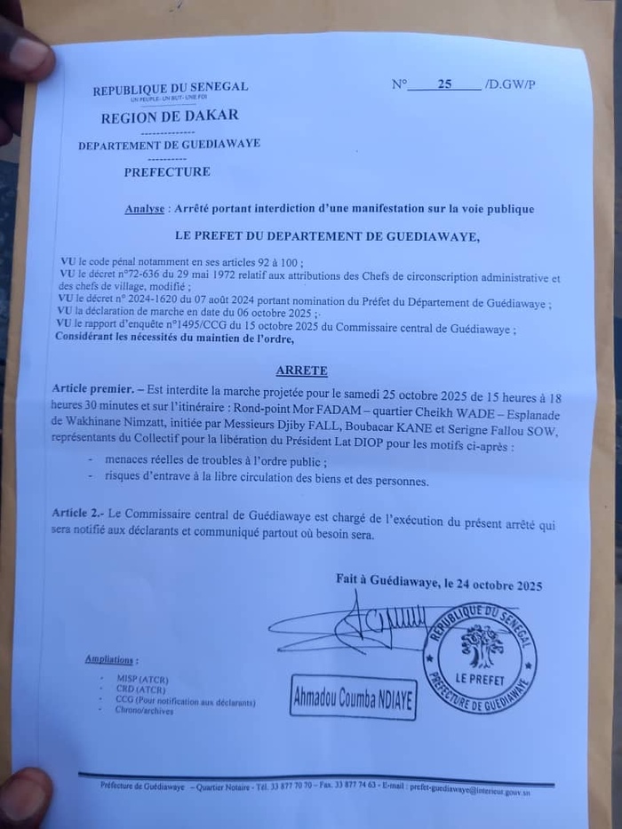 Marche pour la libération de Lat Diop: le préfet de Guédiawaye interdit la manifestation Marche pour la libération de Lat Diop: le préfet de Guédiawaye interdit la manifestation