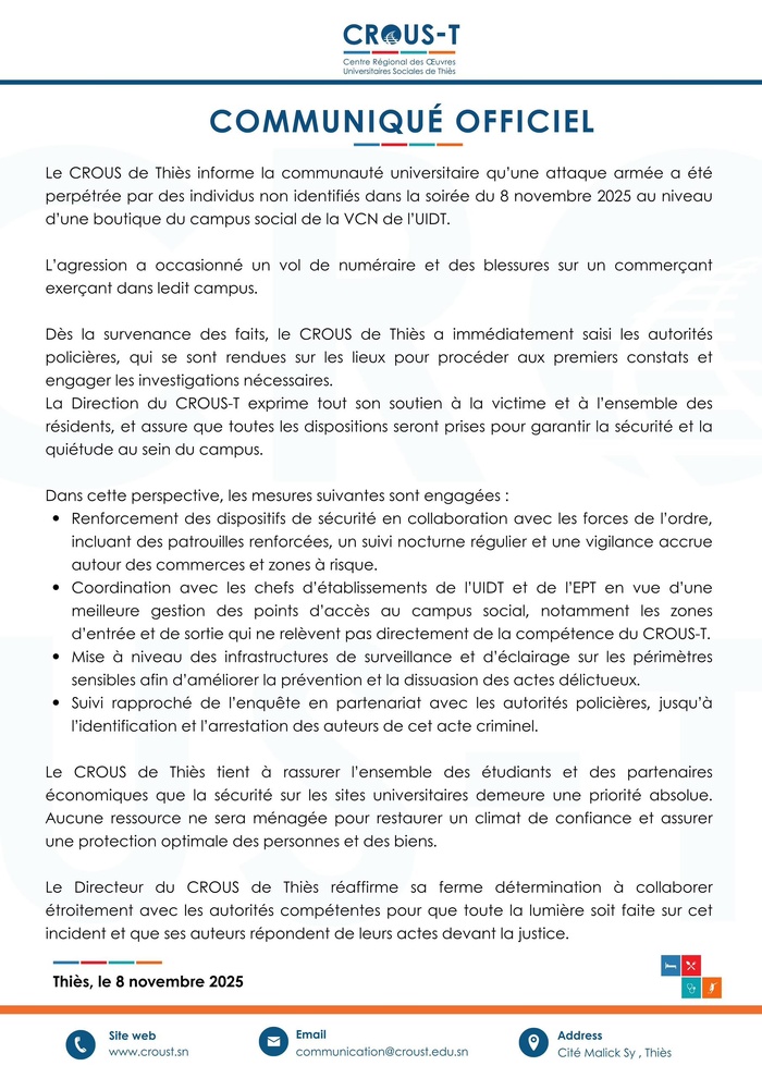 Thiès – Attaque d'une boutique à l'UIDT : Le CROUS/T annonce un train de mesures pour renforcer la sécurité Thiès – Attaque d'une boutique à l'UIDT : Le CROUS/T annonce un train de mesures pour renforcer la sécurité