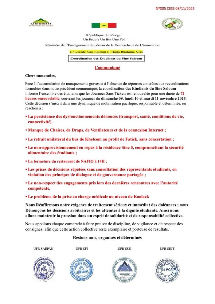 USSEIN : Difficultés persistantes sur les campus, les étudiants prolongent le mouvement « sans tickets » jusqu’au 11 novembre USSEIN : Difficultés persistantes sur les campus, les étudiants prolongent le mouvement « sans tickets » jusqu’au 11 novembre