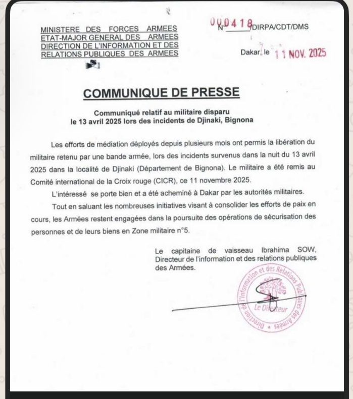 Forces Armées : La DIRPA annonce la libération du militaire porté disparu à Djinaki depuis avril