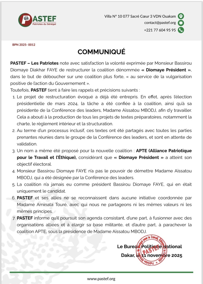 Coalition Diomaye : Le PASTEF réagit au remplacement d’Aïda Mbodj par Mimi Touré Coalition Diomaye : Le PASTEF réagit au remplacement d’Aïda Mbodj par Mimi Touré
