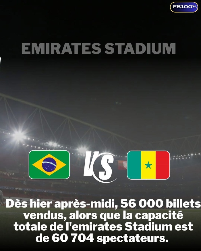 Match amical Brésil vs Sénégal : déjà 56 000 billets vendus pour un Emirates Stadium presque plein Match amical Brésil vs Sénégal : déjà 56 000 billets vendus pour un Emirates Stadium presque plein