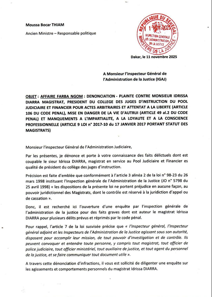 Position du président du collège des juges d’instruction du PJF sur le cas Farba Ngom : Me Moussa Bocar Thiam saisit l’IGAJ d’une plainte