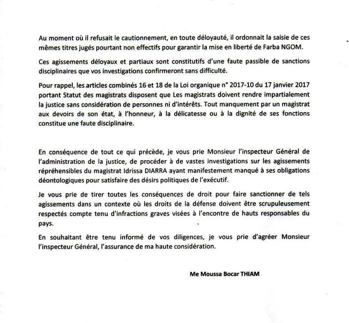 Position du président du collège des juges d’instruction du PJF sur le cas Farba Ngom : Me Moussa Bocar Thiam saisit l’IGAJ d’une plainte Position du président du collège des juges d’instruction du PJF sur le cas Farba Ngom : Me Moussa Bocar Thiam saisit l’IGAJ d’une plainte