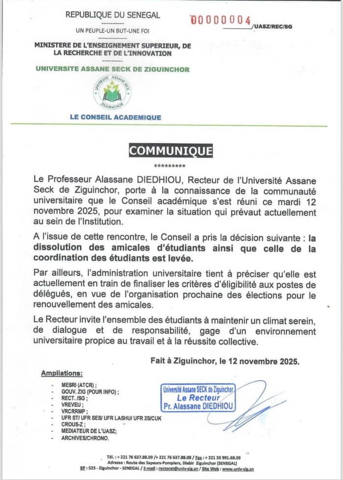 Université Assane Seck de Ziguinchor : Le Conseil Académique léve la décision de la dissolution des amicales d’étudiants Université Assane Seck de Ziguinchor : Le Conseil Académique léve la décision de la dissolution des amicales d’étudiants
