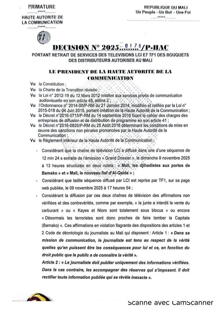 Mali : Les chaînes LCI et TF1 retirées des bouquets de la Haute Autorité de la Communication (HAC) Mali : Les chaînes LCI et TF1 retirées des bouquets de la Haute Autorité de la Communication (HAC)