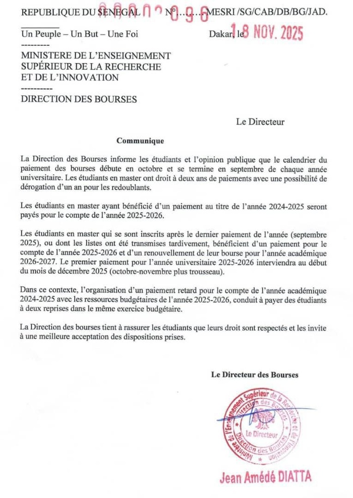 Paiement des bourses d'Etudiants : la Direction apporte des précisions et annonce les premières dates pour l’année 2025-2026 Paiement des bourses d'Etudiants : la Direction apporte des précisions et annonce les premières dates pour l’année 2025-2026