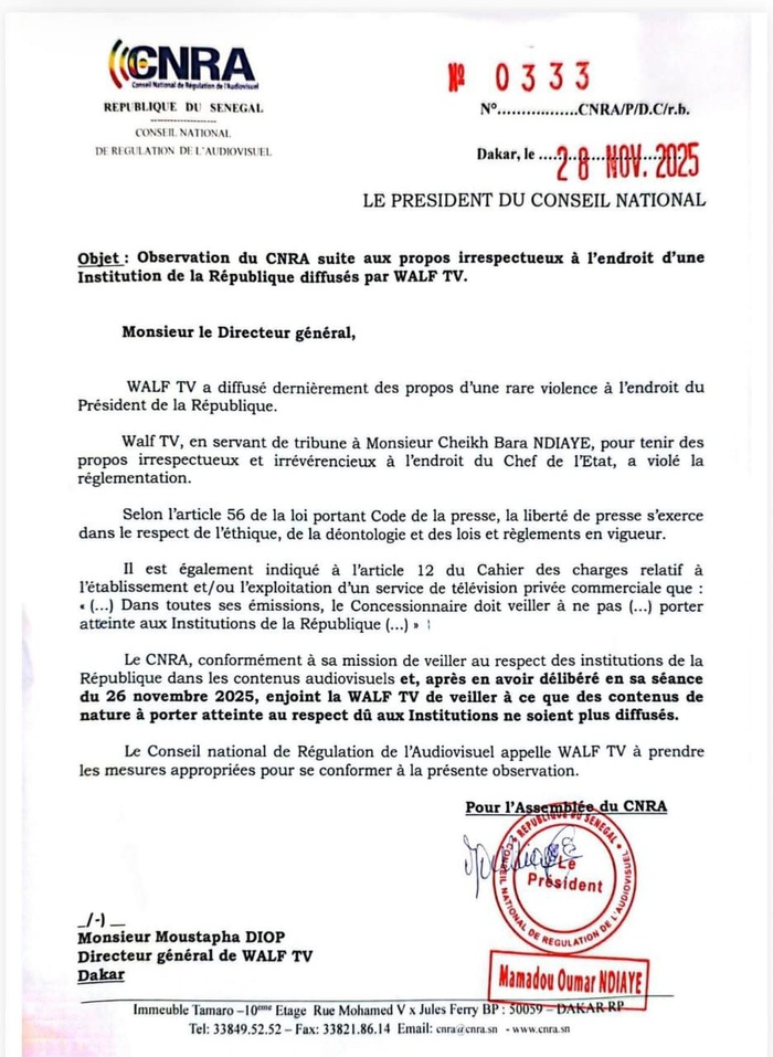 Propos jugés irrespectueux de Cheikh Bara Ndiaye : le CNRA recadre sévèrement WALF TV