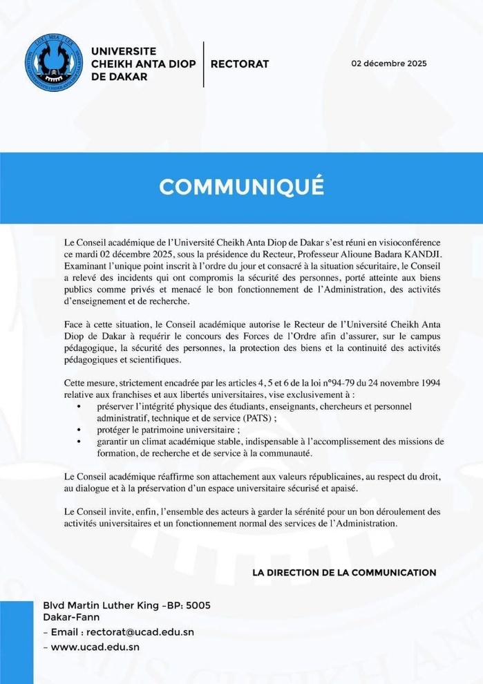 UCAD : le Conseil académique autorise le recteur à solliciter les forces de l’ordre pour sécuriser le campus