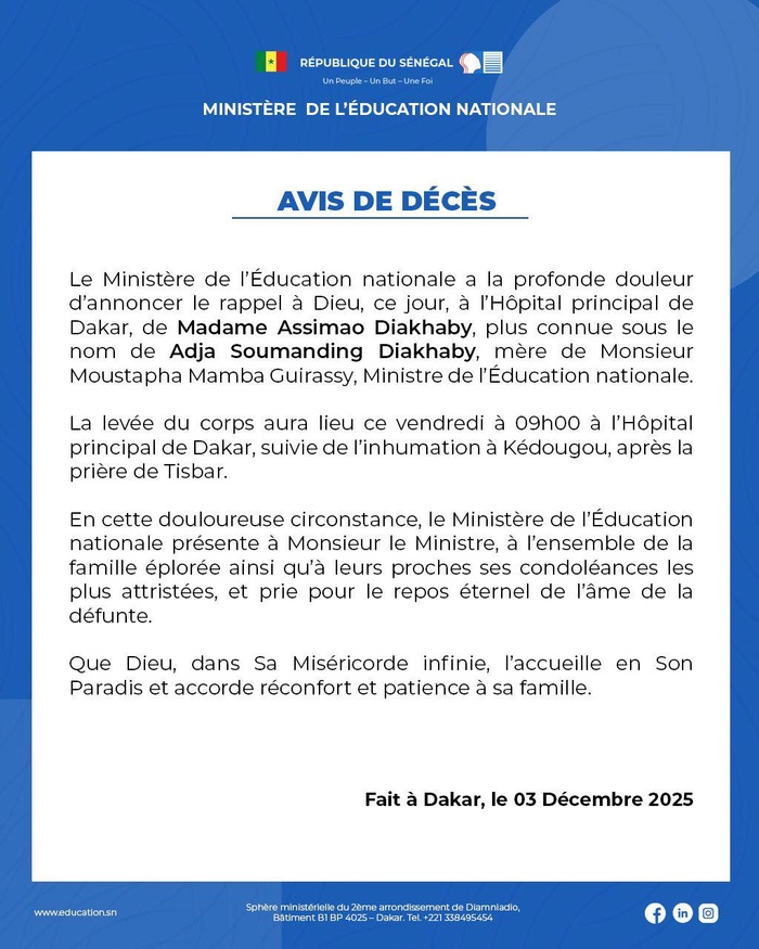 Nécrologie : Décès de la maman du ministre de l’Éducation, Moustapha Mamba Guirassy Nécrologie : Décès de la maman du ministre de l’Éducation, Moustapha Mamba Guirassy