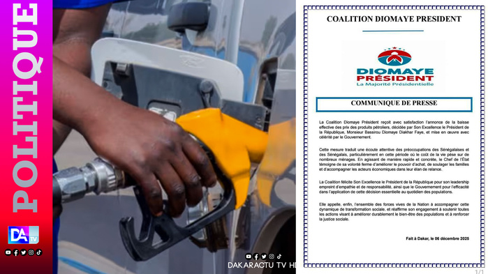 Baisse du Prix du Carburant : La coalition Diomaye Président félicite le Chef de l’État pour les mesures prises Baisse du Prix du Carburant : La coalition Diomaye Président félicite le Chef de l’État pour les mesures prises