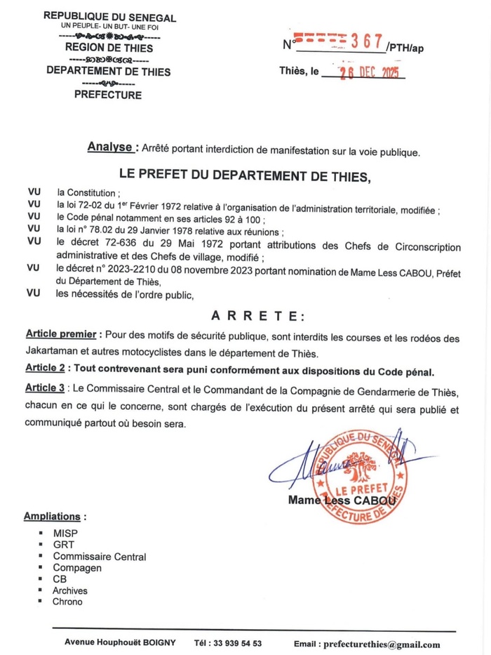 Thiès: Le préfet interdit les courses de Jakarta et autres motocyclistes