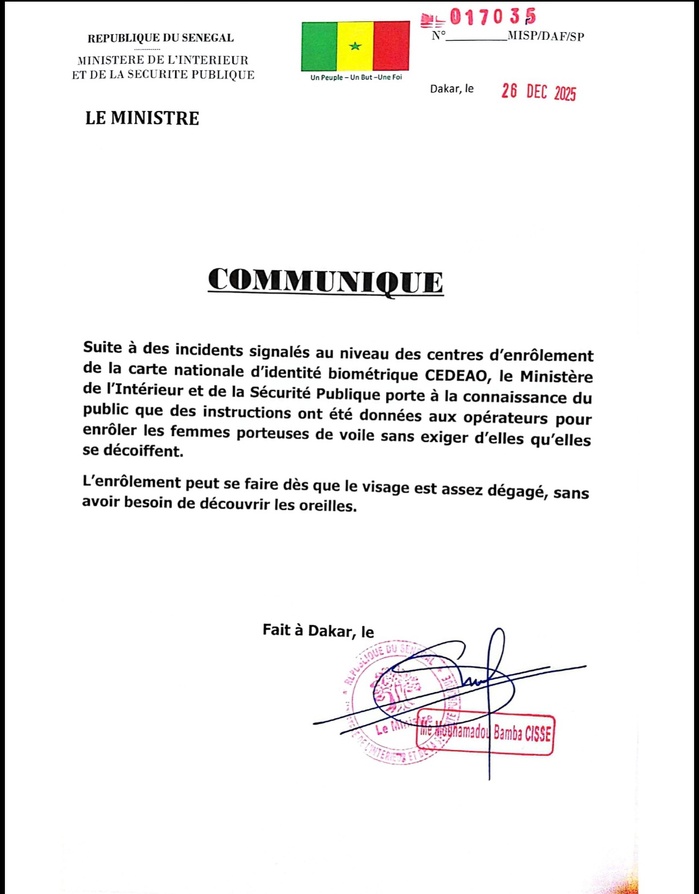 Carte d’identité biométrique CEDEAO : les femmes voilées peuvent s’enrôler sans se découvrir Carte d’identité biométrique CEDEAO : les femmes voilées peuvent s’enrôler sans se découvrir