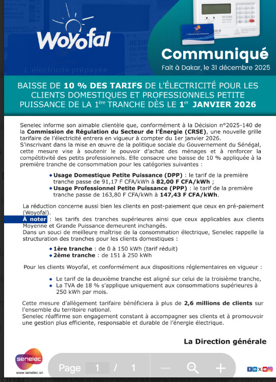 Électricité : La Senelec annonce une baisse de 10 % des tarifs, à partir du 1er janvier 2026 Électricité : La Senelec annonce une baisse de 10 % des tarifs, à partir du 1er janvier 2026
