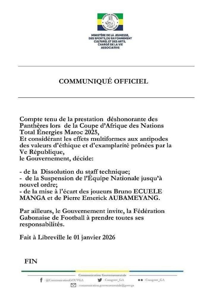 CAN 2025 : le Gabon suspend son équipe nationale et dissout le staff technique après une prestation jugée « déshonorante » CAN 2025 : le Gabon suspend son équipe nationale et dissout le staff technique après une prestation jugée « déshonorante »
