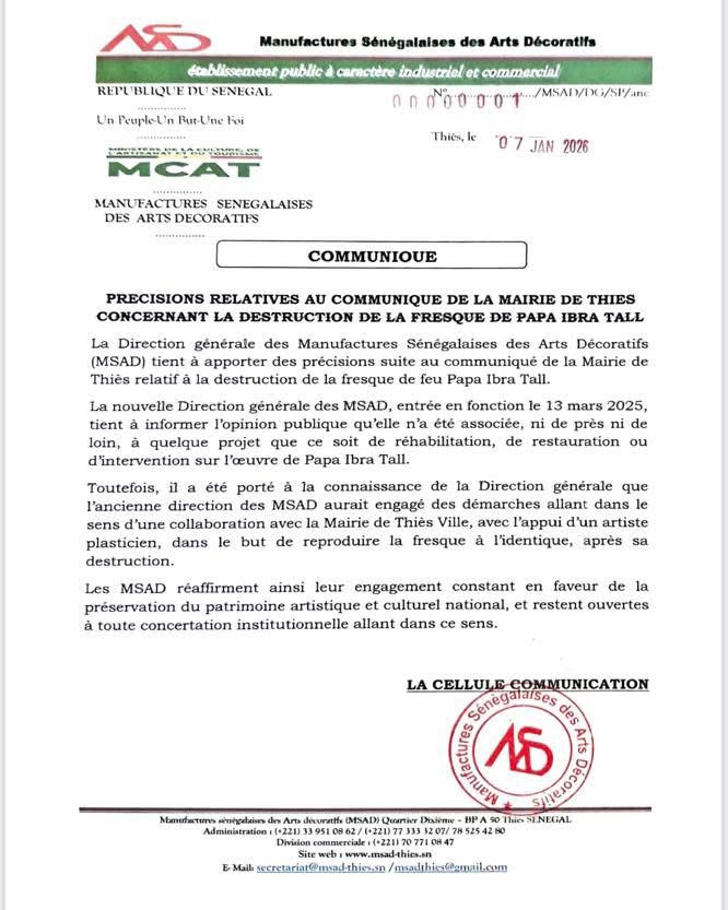 Destruction de l'œuvre d'art de feu Pape Ibra Tall / La nouvelle direction des MSAD répond à la ville de Thiès : "elle n'a été associée, ni de près ni de loin..."
