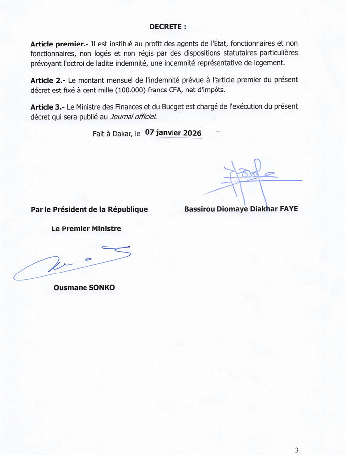 Fonction publique : Le président de la République généralise l’indemnité de logement à tous les agents