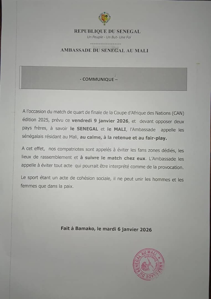 Match Sénégal-Mali : l’Ambassade du Sénégal à Bamako appelle au calme et au fair-play