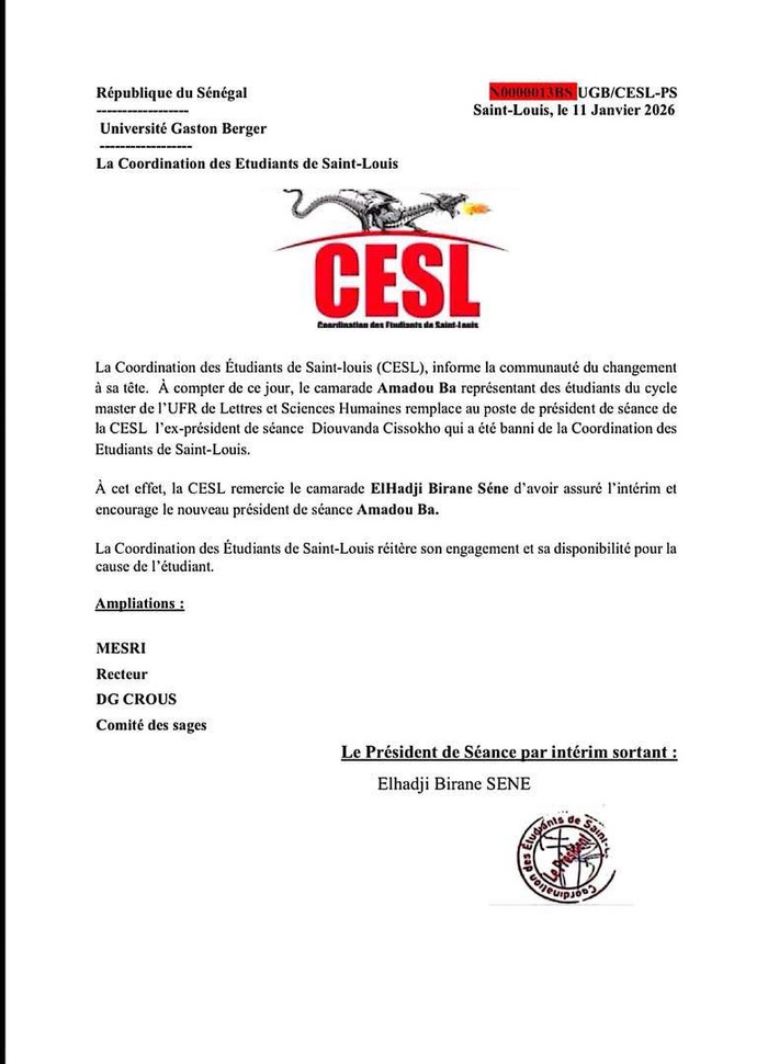 UGB / Changement à la tête de la CESL :  Amadou Ba, désormais représentant des étudiants...