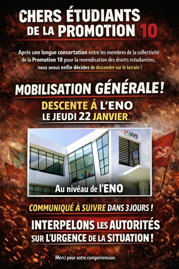 Éducation- revendications de leurs droits: Les étudiants de l'UVS de la promotion 10 prévoient une descente ce jeudi à l'ÉNO de Thiès Éducation- revendications de leurs droits: Les étudiants de l'UVS de la promotion 10 prévoient une descente ce jeudi à l'ÉNO de Thiès