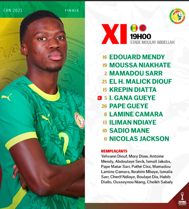 CAN 2025 – Finale Maroc / Sénégal : le onze de départ des Lions dévoilé, Antoine Mendy remplace Krepin Diatta