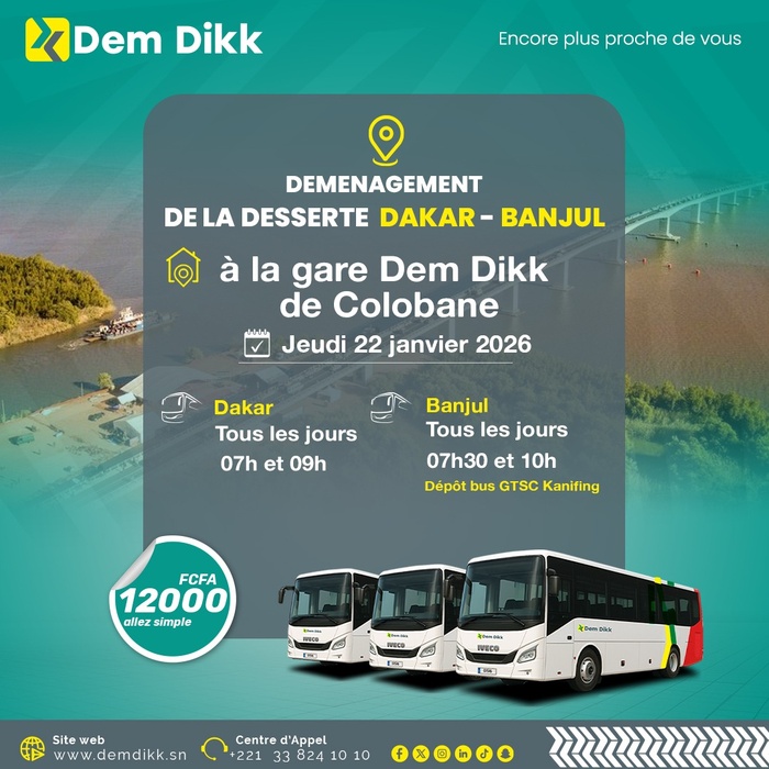 Transport : Dakar Dem Dikk transfère la liaison Dakar-Banjul à la gare de Colobane Transport : Dakar Dem Dikk transfère la liaison Dakar-Banjul à la gare de Colobane