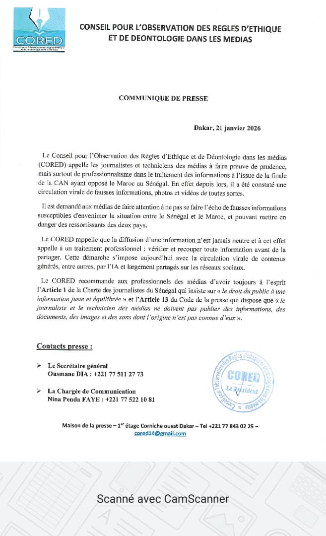 Fake news, photos et vidéos sur la finale de la CAN : Le CORED met en garde les journalistes et invite les médias à plus de professionnalisme