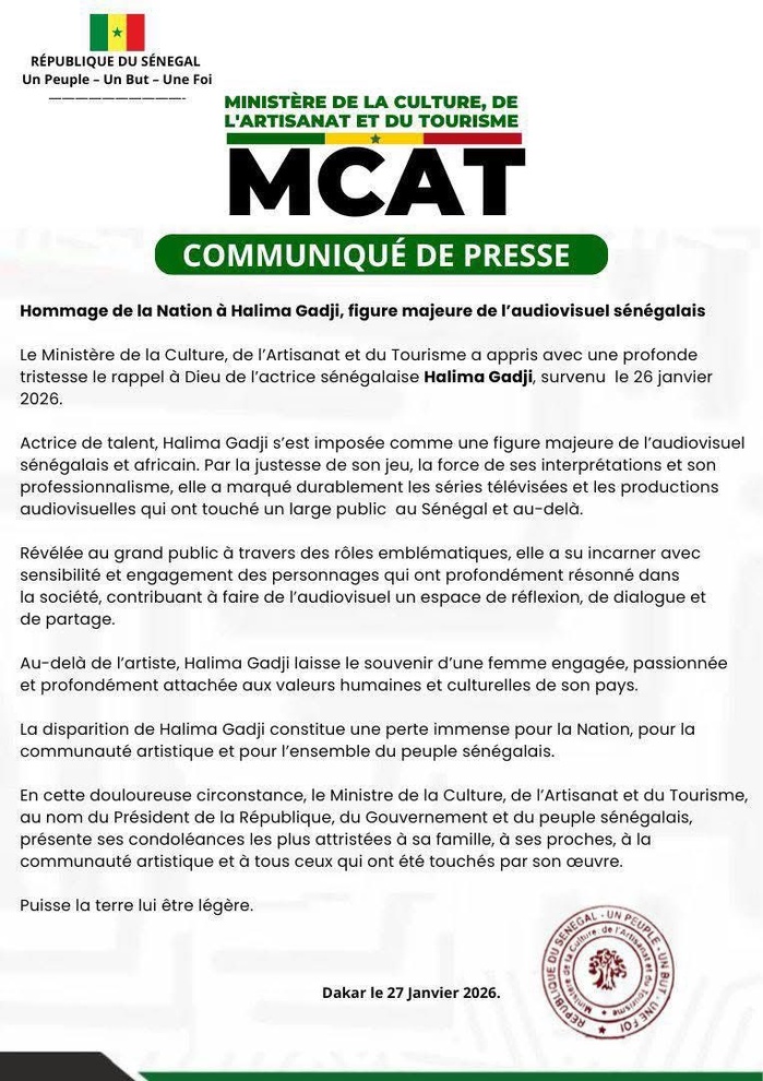 Décès de l'actrice Halima Gadji : le ministère de la Culture rend hommage à une figure de l’audiovisuel sénégalais