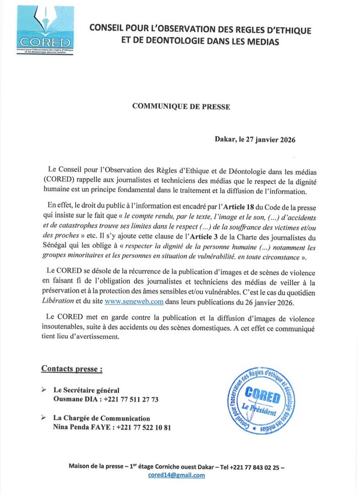 Diffusion d’images de violence : le CORED rappelle au respect de la dignité humaine et met en garde les médias Diffusion d’images de violence : le CORED rappelle au respect de la dignité humaine et met en garde les médias