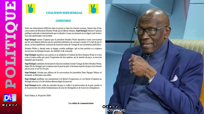 Convocation annoncée de Doudou Wade : Sopi Sénégal dément et dénonce une manipulation Convocation annoncée de Doudou Wade : Sopi Sénégal dément et dénonce une manipulation