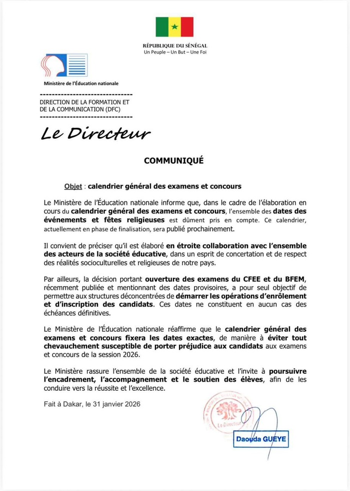 Éducation : Le calendrier officiel des examens et concours est en cours de finalisation (Ministère de l'éducation) Éducation : Le calendrier officiel des examens et concours est en cours de finalisation (Ministère de l'éducation)