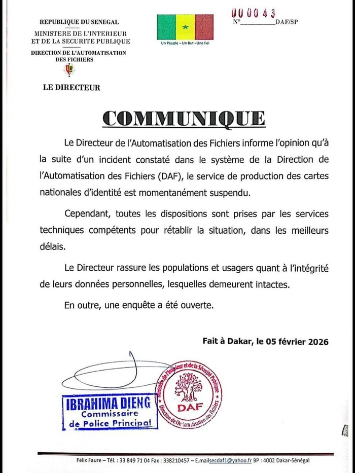 Cyberattaque à la DAF : production des cartes d’identité suspendue, la DAF tente de rassurer sur l’intégrité des données...une enquête ouverte