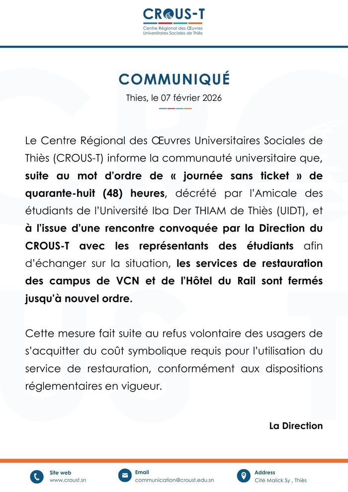 Université Iba Der Thiam de Thiès : Le CROUS/ T annonce la fermeture des services de restauration