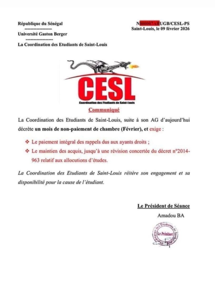 UGB : la CESL décrète un mois de non-paiement de chambre et pose ses revendications UGB : la CESL décrète un mois de non-paiement de chambre et pose ses revendications