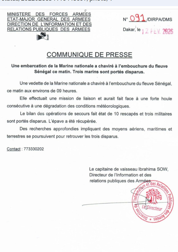 Embouchure du fleuve Sénégal : une vedette de la Marine nationale chavire, trois marins portés disparus (Dirpa)