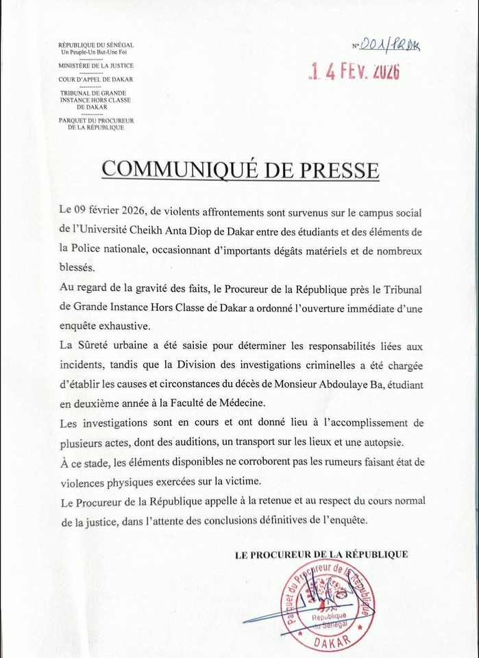 Mort de l’Etudiant Abdoulaye Bâ: « L’autopsie ne confirme pas à ce stade, les allégations de violences » ( Procureur de la République) Mort de l’Etudiant Abdoulaye Bâ: « L’autopsie ne confirme pas à ce stade, les allégations de violences » ( Procureur de la République)