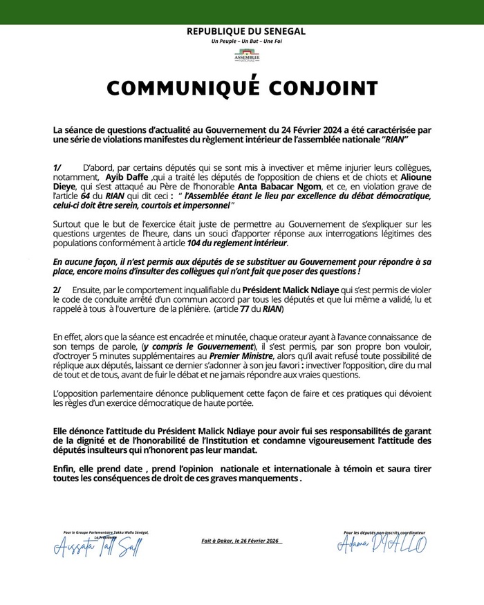 Assemblée nationale : l’opposition parlementaire dénonce des violations graves du règlement intérieur lors de la séance de questions au gouvernement