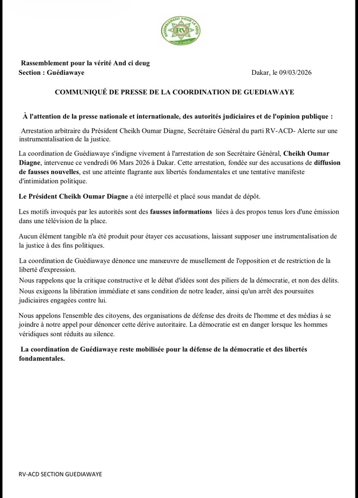Arrestation de Cheikh Oumar Diagne : le parti RV-ACD dénonce une « instrumentalisation de la justice » Arrestation de Cheikh Oumar Diagne : le parti RV-ACD dénonce une « instrumentalisation de la justice »