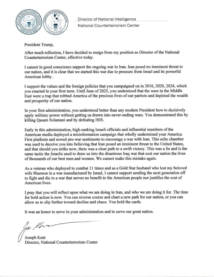 Joe Kent, directeur du NCTC sous le président Trump, démissionne en raison de la guerre en Iran Joe Kent, directeur du NCTC sous le président Trump, démissionne en raison de la guerre en Iran