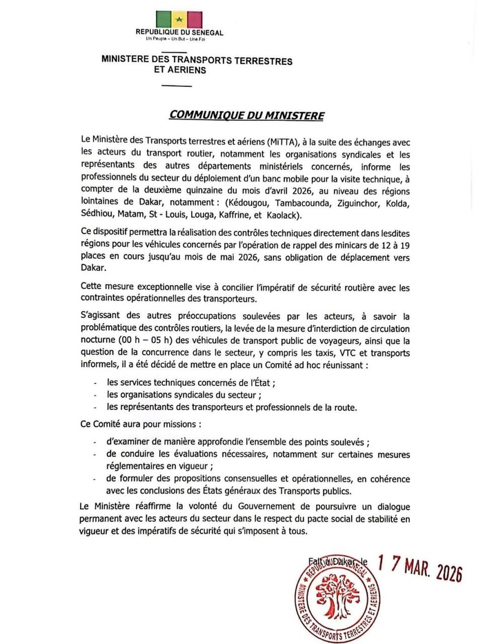 Transport : le MITTA annonce le déploiement d'un banc mobile dans les régions pour la visite technique... Transport : le MITTA annonce le déploiement d'un banc mobile dans les régions pour la visite technique...