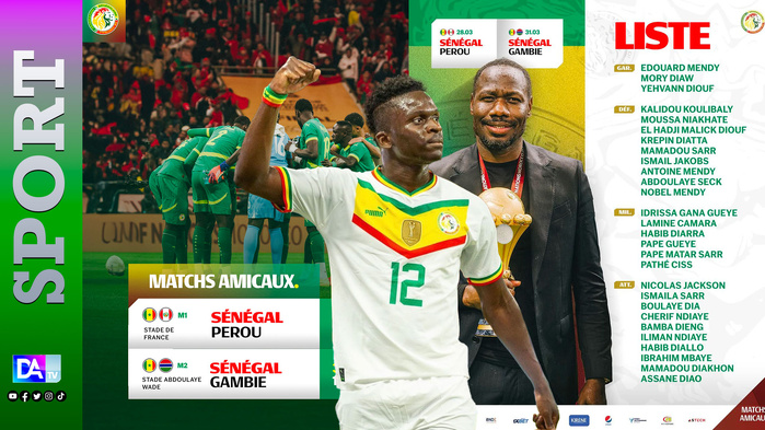 Liste des Lions - Surprise, confirmations et retours : Pape Thiaw dévoile ses 28 guerriers pour affronter le Pérou et la Gambie…le comeback de Bamba Dieng,Sadio Mané Absent Liste des Lions - Surprise, confirmations et retours : Pape Thiaw dévoile ses 28 guerriers pour affronter le Pérou et la Gambie…le comeback de Bamba Dieng,Sadio Mané Absent